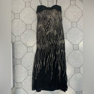 Stunning, unique vintage, black sparkle evening long dress! Lined, rear zipper.